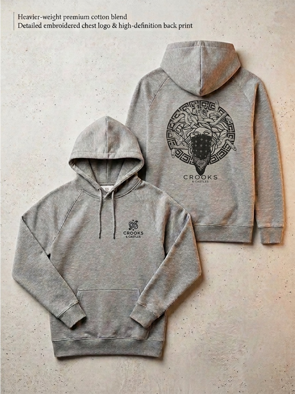 Crooks & Castles Grey Medusa Bandana Graphic Pullover Hoodie Men's Size Medium
